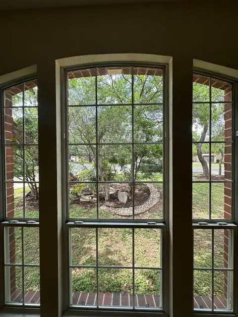 Clean arched interior windows looking out to green Austin landscaping
