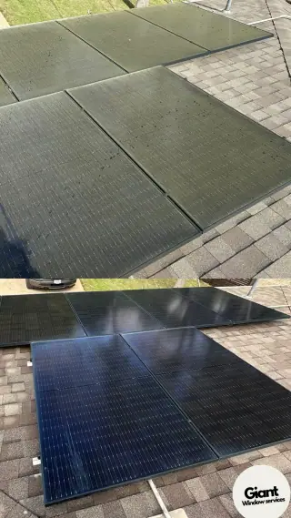 Solar panels on a roof showing dirty panels before cleaning and glossy clean panels after washing