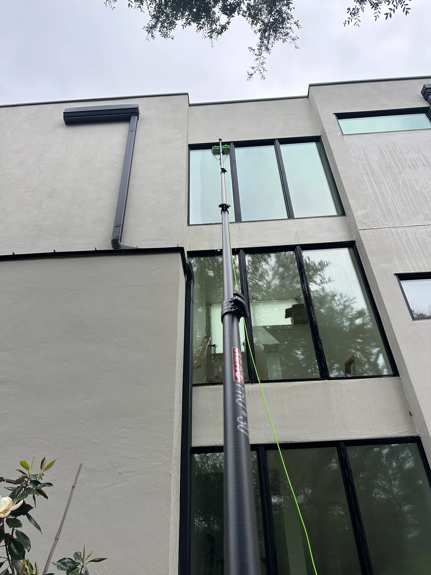 Water-fed pole cleaning high windows on a modern Austin property